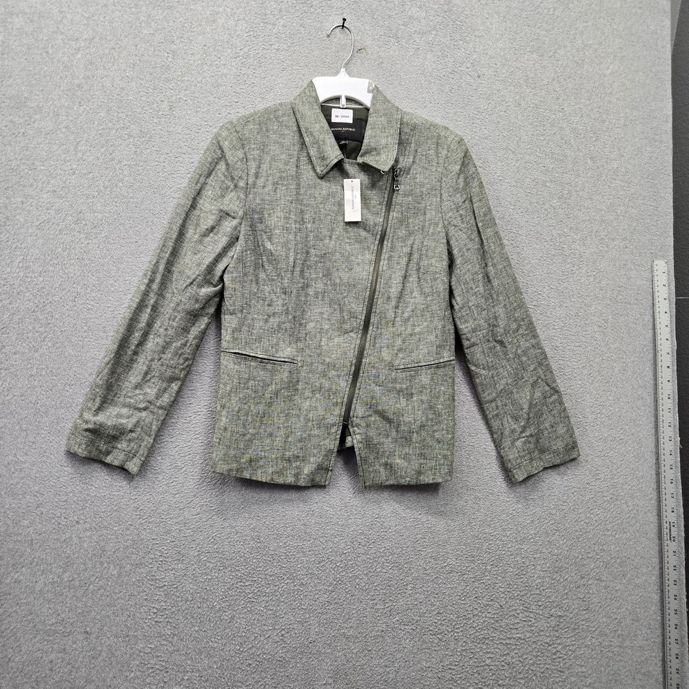 Banana Republic Women Jacket 10 Green Cotton Linen Moto Asymmetrical Zip NWT